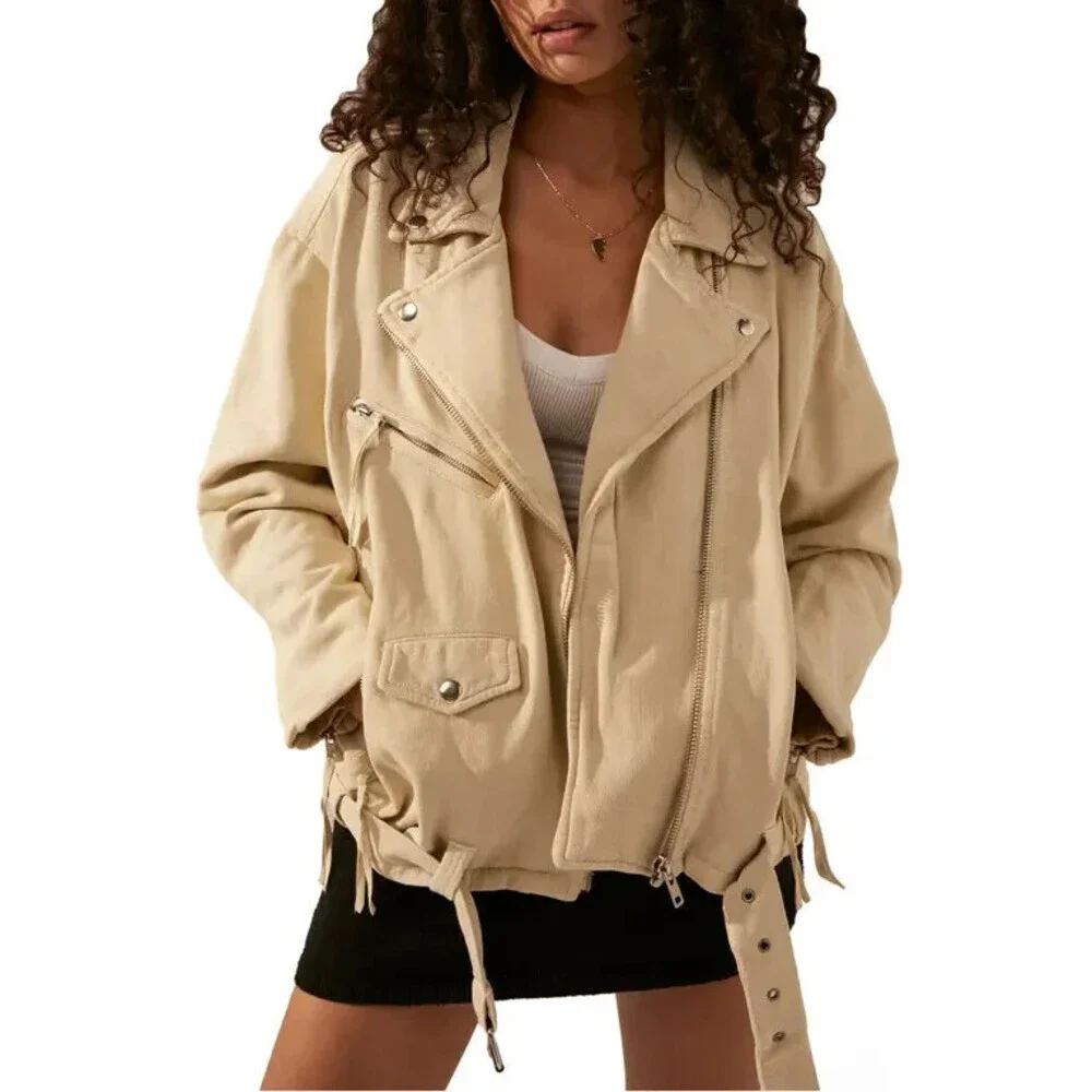 Free People We The Free Rebel Rebel Moto Jacket Women's S Beige Full Zip GBO221